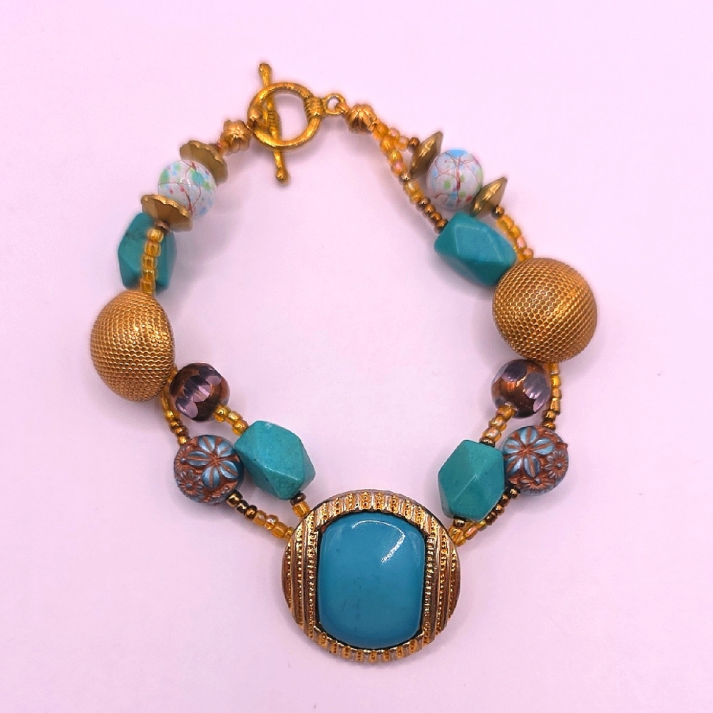Vintage Goldtone Multimedia Artisan Beaded Bracelet